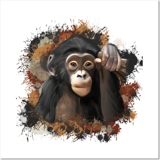 Baby Chimpanzee Abstract Paint Splatter Design in Warm Earth Tones Posters and Art